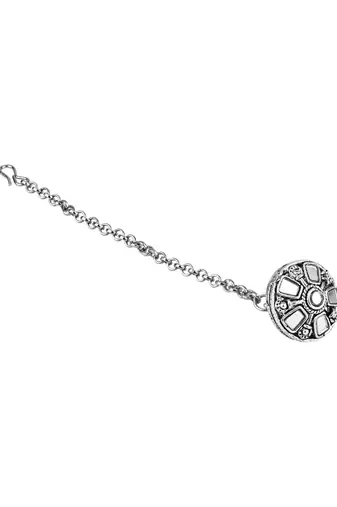 navratri ethnic silver oxidised mirror work borla/maang tikka for women
