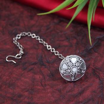navratri ethnic silver oxidised mirror work borla/maang tikka for women 3