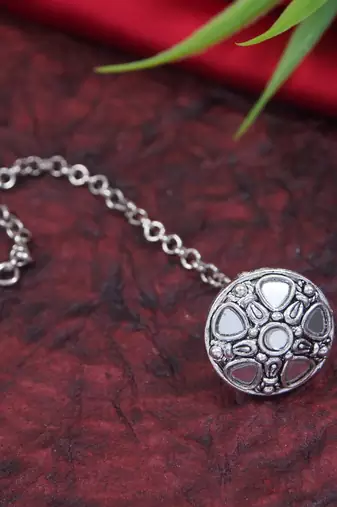 navratri ethnic silver oxidised mirror work borla/maang tikka for women