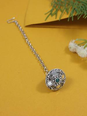 navratri ethnic silver oxidised mirror work borla/maang tikka for women 1