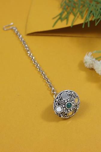 navratri ethnic silver oxidised mirror work borla/maang tikka for women