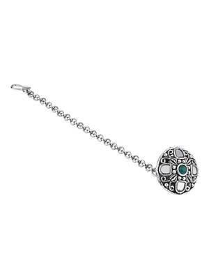 navratri ethnic silver oxidised mirror work borla/maang tikka for women 3