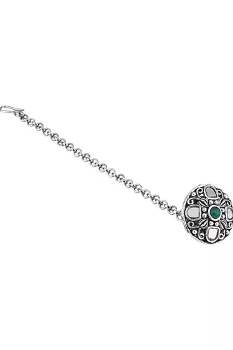 navratri ethnic silver oxidised mirror work borla/maang tikka for women
