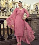 Mojilaa women's coral organza chikankari kantha work straight kurta with pant & dupatta