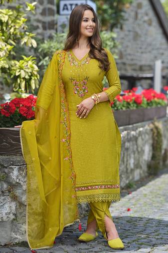  lime green viscose embroidered kurta with tulip pant & dupatta