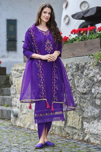  purple viscose embroidered kurta with tulip pant & dupatta