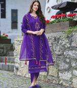  purple viscose embroidered kurta with tulip pant & dupatta