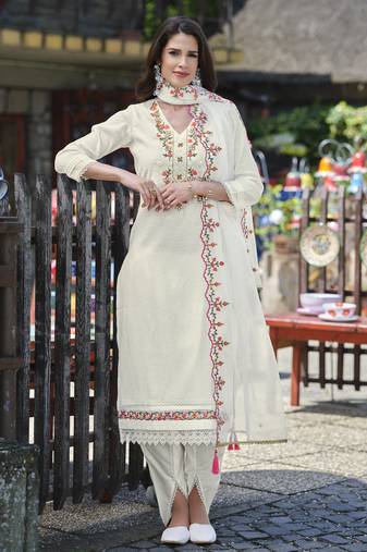  off-white viscose embroidered kurta with tulip pant & dupatta