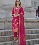Mojilaa women's pink chanderi silk floral jacquard straight kurta with pant & dupatta