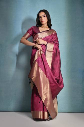 Rani Pink Banarasi Style Silk Bland  Zari Linning Pattern & Zari Border Saree With Blouse