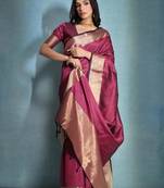 Rani Pink Banarasi Style Silk Bland  Zari Linning Pattern & Zari Border Saree With Blouse