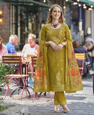  lime green chanderi silk ethnic motifs jacquard straight kurta with pant & dupatta 1