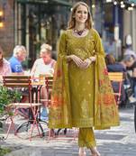  lime green chanderi silk ethnic motifs jacquard straight kurta with pant & dupatta