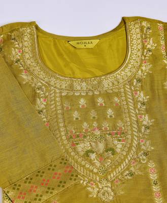  lime green chanderi silk ethnic motifs jacquard straight kurta with pant & dupatta 2