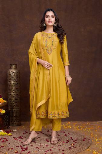  mustard vichitra silk floral embroidered anarkali kurta with pant & dupatta