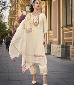  cream viscose floral embroidered straight kurta with afghani salwar & dupatta
