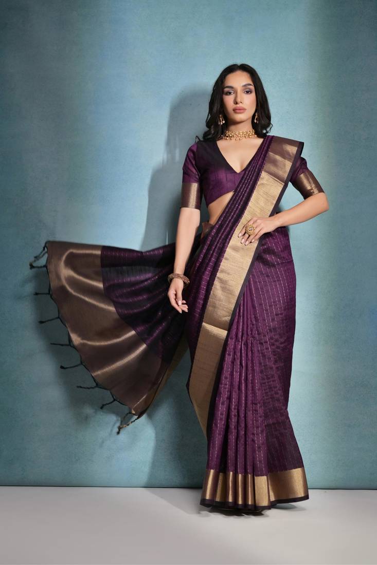 Wine Banarasi Style Silk Bland  Zari Linning Pattern & Zari Border Saree With Blouse