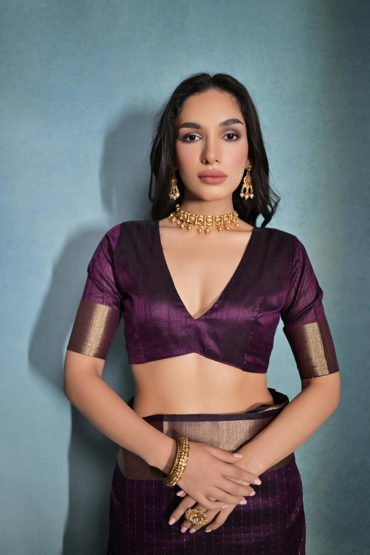 Wine Banarasi Style Silk Bland  Zari Linning Pattern & Zari Border Saree With Blouse