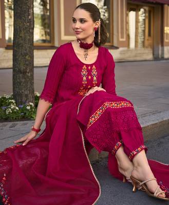 Mojilaa women's pink viscose floral embroidered straight kurta with afghani salwar & dupatta 1