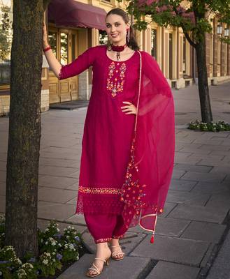Mojilaa women's pink viscose floral embroidered straight kurta with afghani salwar & dupatta 3