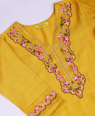  mustard viscose floral embroidered a-line kurta with pant & dupatta 3