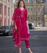 Mojilaa women's fuchsia pink viscose floral embroidered a-line kurta with pant & dupatta