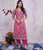 pink cotton leaf printed straight kurta with afghani salwar