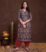 Mojilaa women's navy blue cotton leaf printed straight kurta with afghani salwar