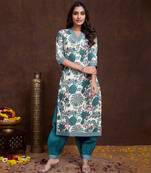  sea green cotton floral printed straight kurta with afghani salwar