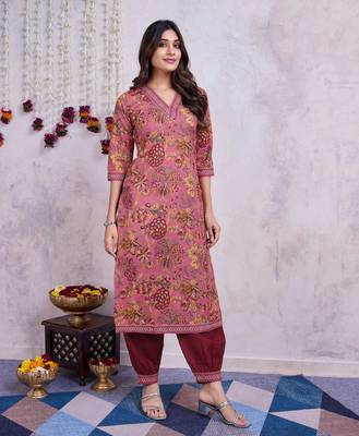  mauve cotton floral printed straight kurta with afghani salwar 1