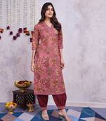  mauve cotton floral printed straight kurta with afghani salwar