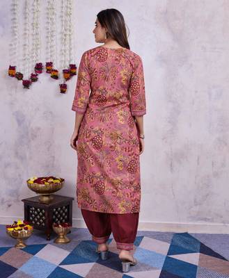  mauve cotton floral printed straight kurta with afghani salwar 2