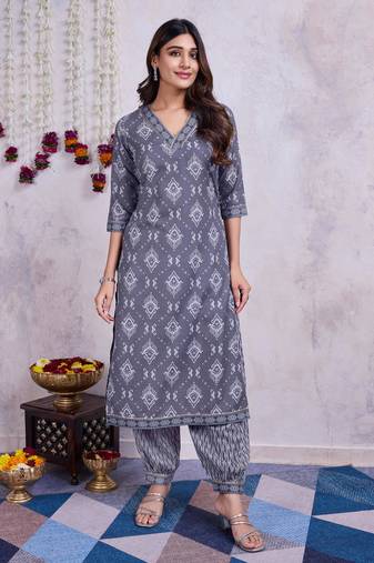  grey cotton ethnic motifs printed straight kurta with afghani salwar