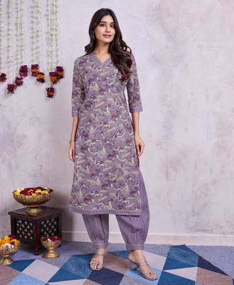  lavender cotton leaf printed straight kurta with afghani salwar 1