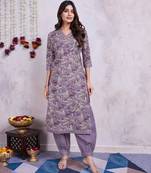  lavender cotton leaf printed straight kurta with afghani salwar