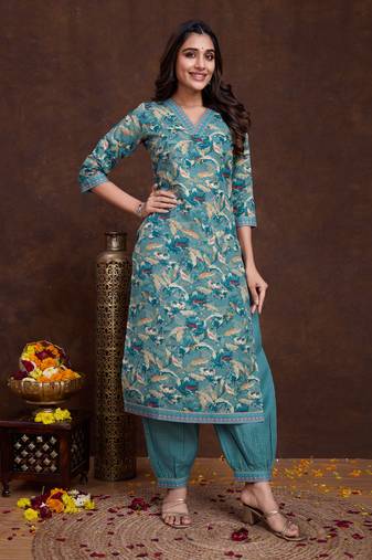 Mojilaa women's sea green cotton leaf printed straight kurta with afghani salwar