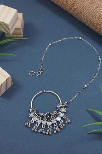 Silver Oxidised Nose Ring Non Piercing With Chain For Woman