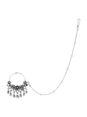 Silver Oxidised Nose Ring Non Piercing With Chain For Woman 2