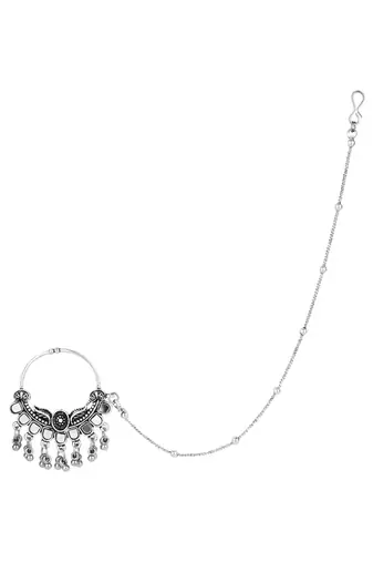 Silver Oxidised Nose Ring Non Piercing With Chain For Woman