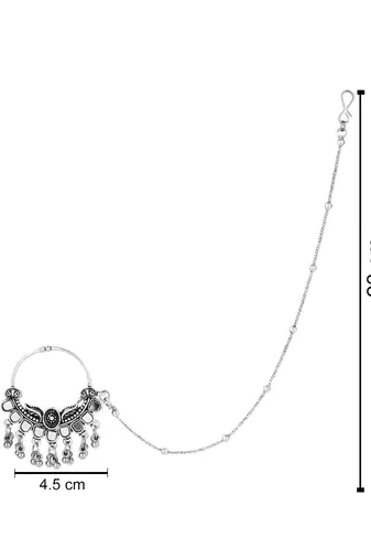 Silver Oxidised Nose Ring Non Piercing With Chain For Woman