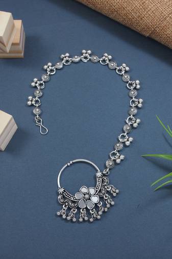 silver oxidised nose ring non piercing with chain for woman