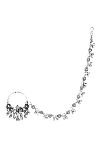silver oxidised nose ring non piercing with chain for woman