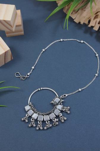 Silver Oxidised Nose Ring Non Piercing With Chain For Woman