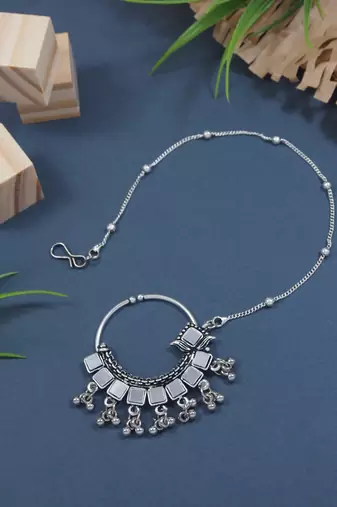 Silver Oxidised Nose Ring Non Piercing With Chain For Woman