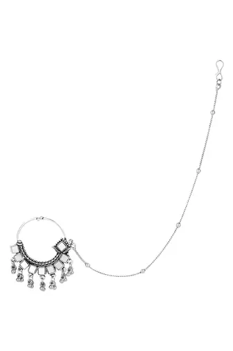 Silver Oxidised Nose Ring Non Piercing With Chain For Woman