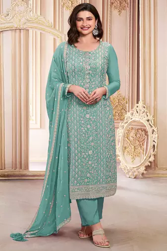 Sky blue georgette embroidered salwar suit