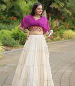 PURPLE WHITE FRILL PATTERN WITH KUTCHI PATCH WORK KORA COTTON TRADITIONAL NAVRATRI FESTIVAL STITCHED LEHENGA CHOLI