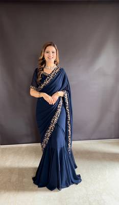 Blue Colour Beautiful Georgette Fabric Gown Style Stitched Saree 1