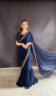 Blue Colour Beautiful Georgette Fabric Gown Style Stitched Saree 3