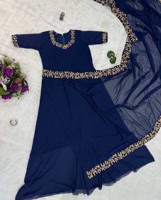 Blue Colour Beautiful Georgette Fabric Gown Style Stitched Saree 4